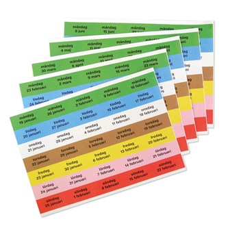 Datumetiketter i veckodagsfärger, höstterminen 2026