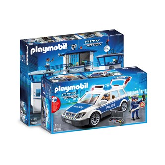 Paket med Playmobil polisbil och polisstation