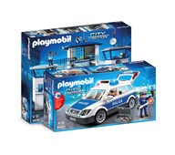 Paket med Playmobil polisbil och polisstation