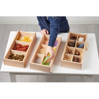 Upptäcktslådor i trä 3-pack