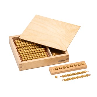 Nienhuis 9 guldpärlstavar och 9 entalspärlor i träask med lock