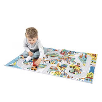 Lekmatta stad med bilar och hus, 43 delar
