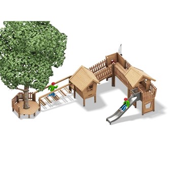 Bysen kombinationslek med två lekhus och trädplattform