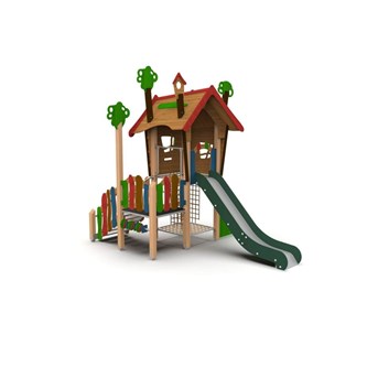 Trollskogen trädkoja med klätternät och rutschkana