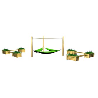 ChillOut hängmatta trippel med upphängningssystem, stor plantering och sittbänkar/oljebehandlad ljusbrun
