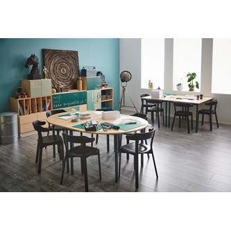 Bord 12:38 FSC BX akustik optimal laminat halvrunt 120-90 cm silverstativ