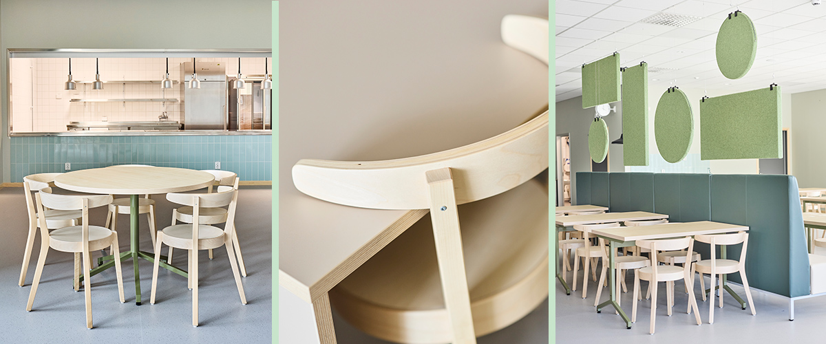 Matsalsstolar, matsalsbord, matsalssoffor och ljudd&auml;mpning f&ouml;r skolmatsalen